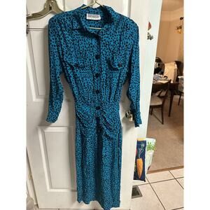 VNT Teal Green Blue Cheetah Print J. Martin Ruched Smocked 90s 80s Med 6 Silky